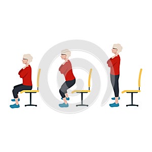 Old woman sit to stand exercise. Once standing, raise your head