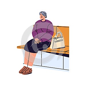 Old woman sits on bench in public place. Tired senior with bag relaxes on seat. Happy granny waits transport on bus stop