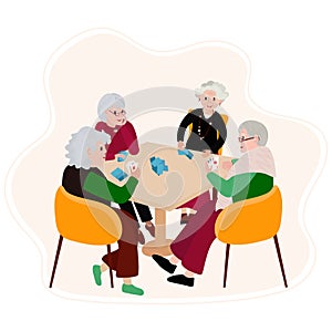 Old Woman sitting in armchair and play cards with friends. Senior female play board game in retirement home. Aged People