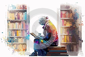 Old woman sitting on books reading a book in a library, vector illustration