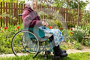 Old woman sitting in a wheelchair looking sad and worried. depression, healthcare and caring for the elderly