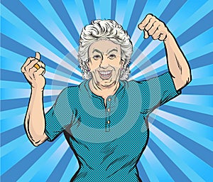 The old woman smiled happily and showed strength.Pop art vector illustration drawing,Comic book work style photo