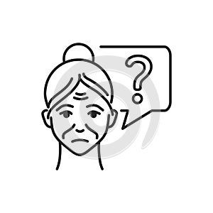 Old woman with speech bubble and question mark line black icon. Memory loss Brain disease alzheimer\'s. Decrease in mental human