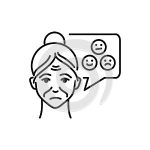 Old woman with speech bubble unfounded emotions line black icon. Mood change. Brain disease dementia. Sign for web page, mobile