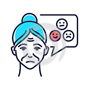 Old woman with speech bubble unfounded emotions line color icon. Mood change. Brain disease dementia. Sign for web page, mobile