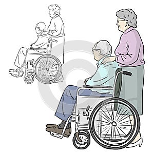 Old woman standing with man sitting on wheelchair vector illustration sketch doodle hand drawn with black lines isolated on white