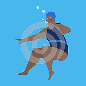 Old woman in swimming pool. Elderly character have an active