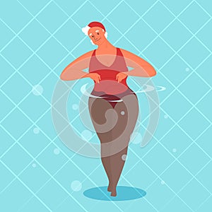 Old woman in swimming pool. Elderly character have an active