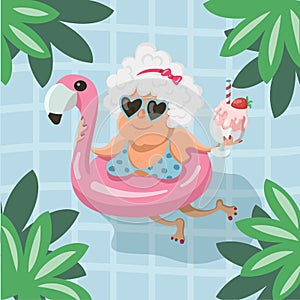 Old woman swims in a swimming pool with a strawberry cocktail in a swimming circle