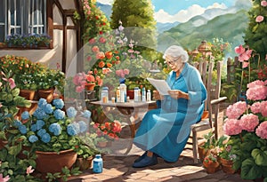 An old woman taking her cholesterol medication while sitting in her garden.