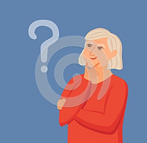 Old woman thinking with question marks vector.