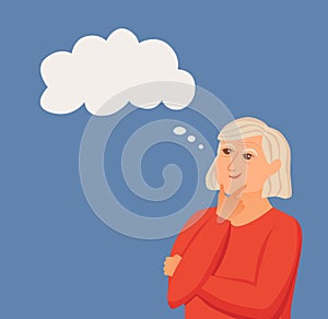 Old woman thinking with question marks vector.