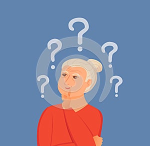 Old woman thinking with question marks. Vector illustration