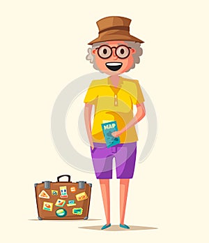 Old woman in travel. Journey of grandmother. Cartoon vector illustration