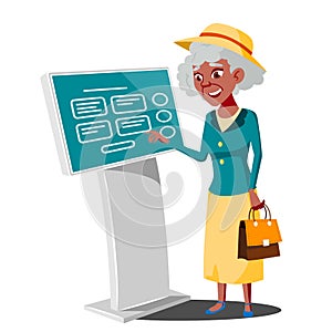 Old Woman Using ATM Machine, Digital Terminal Vector. Digital Kiosk LED Display. Self Service Information System