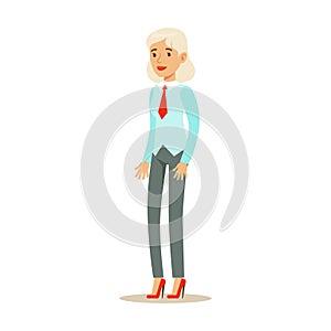 Old Woman In Vest With A Tie, Part Of Office Workers Series Of Cartoon Characters In Official Clothing