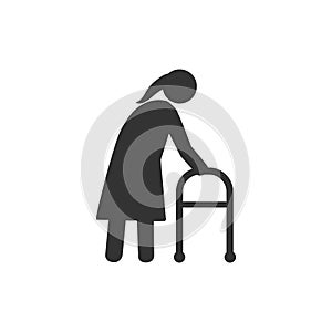 Old woman, walker icon. Vector illustration, flat design.