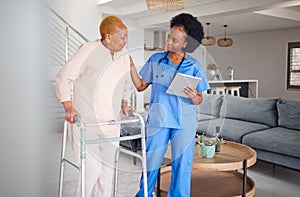 Old woman, walker and nurse with tablet, disability and health and help, physical therapy and medical results. Arthritis