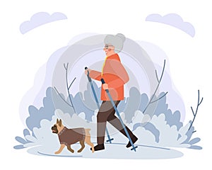 Old woman walking with dog in park flat illustration. Stock vector. Sport and activity with dogs for the elderly people.