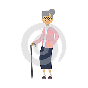 Old woman walking with stick. full length grandmother on white background cute grandma, tree of genus happy family