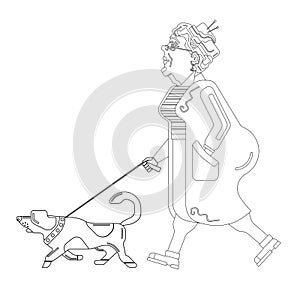 Old woman walks with dog on white background. Graceful grandma. Pensioner free time. Old woman in profile.