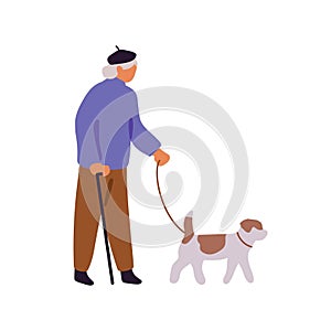 Old woman walks her fluffy doggy. Canine owner strolls puppy. Granny leads dog on leash. Aged lady in beret goes with