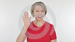 Old Woman Waving Hand to Say Hello on White Background