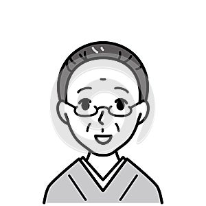 old woman wearing glasses in Japanese kimono, vector illustration, black and white