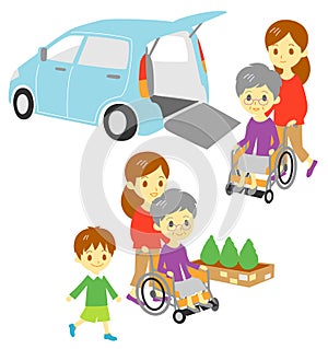 Old woman in wheelchair, Adapted Vehicle, family