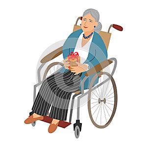 Old woman in a wheelchair with a gift in her hands isolated on a white background. Hand-drawn for design poster or