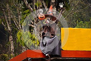 Old woman witch figurine and haunted house cafe coffee shop in garden outdoor on forest mountain at pai city hill valley on