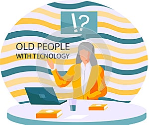 Old woman working on laptop computer at home. Online education, web courses, modern technologies