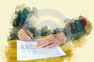 Old womans hand signing a paper in watercolor style