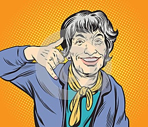 Old women are in a good mood and happy. Showing hand gestures as a telephone symbol.Pop art vector illustration drawing.