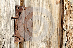 Old wood barn door with rusty nails and hinge