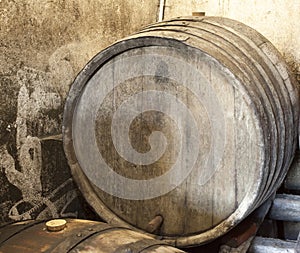 Old wood barrel in wine cellar