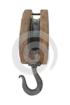 Old wood block and tackle with hook isolated.