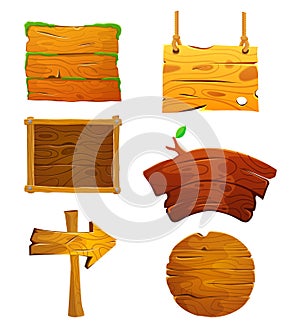 Old wood board set. Isolated vector clip art with rustic signboard, place for advertising.