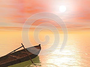 Old wood boat by sunset - 3d render