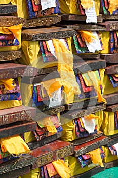 Old wood boxes containing precious Tibetan old and sacred text.