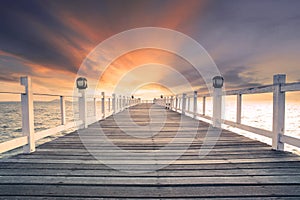 Old wood bridg pier with nobody against beautiful dusky sky use