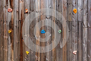 Old wood climbing wall with toe and hand hold studs.