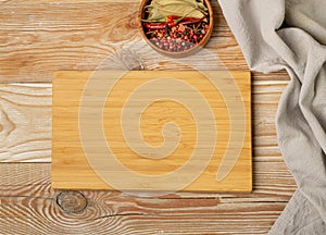 Old Wood Cutting Board Mockup, Vintage Chopping Board Background, Rustic Napkin, Empty Cut Desk Top View