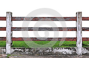 Old wood fence in garden with plant isolated on white background