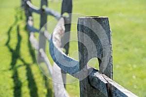 Old wood fence on green grass background