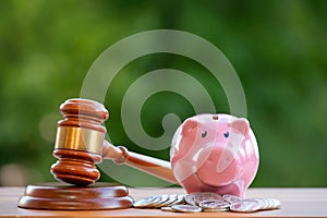 Old wood Judge hammer with Happy Pink piggy Bank in close-up and coins stack the table wood background, Used for adjudication and