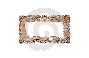 Old wood picture frame brown texture with engraving dragon and bird flower patterns isolated on white background , clipping path