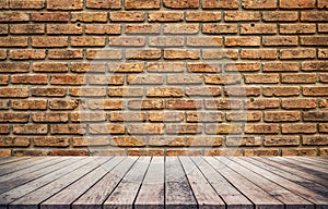 Old wood plank with abstract old brick wall background