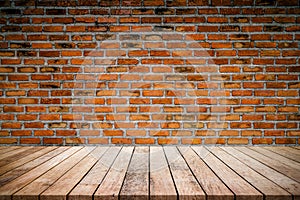 Old wood plank with abstract old brick wall background