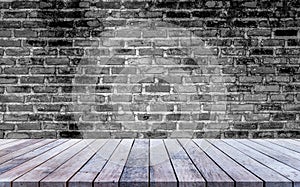 Old wood plank with abstract old brick wall background for product display with black and white filter